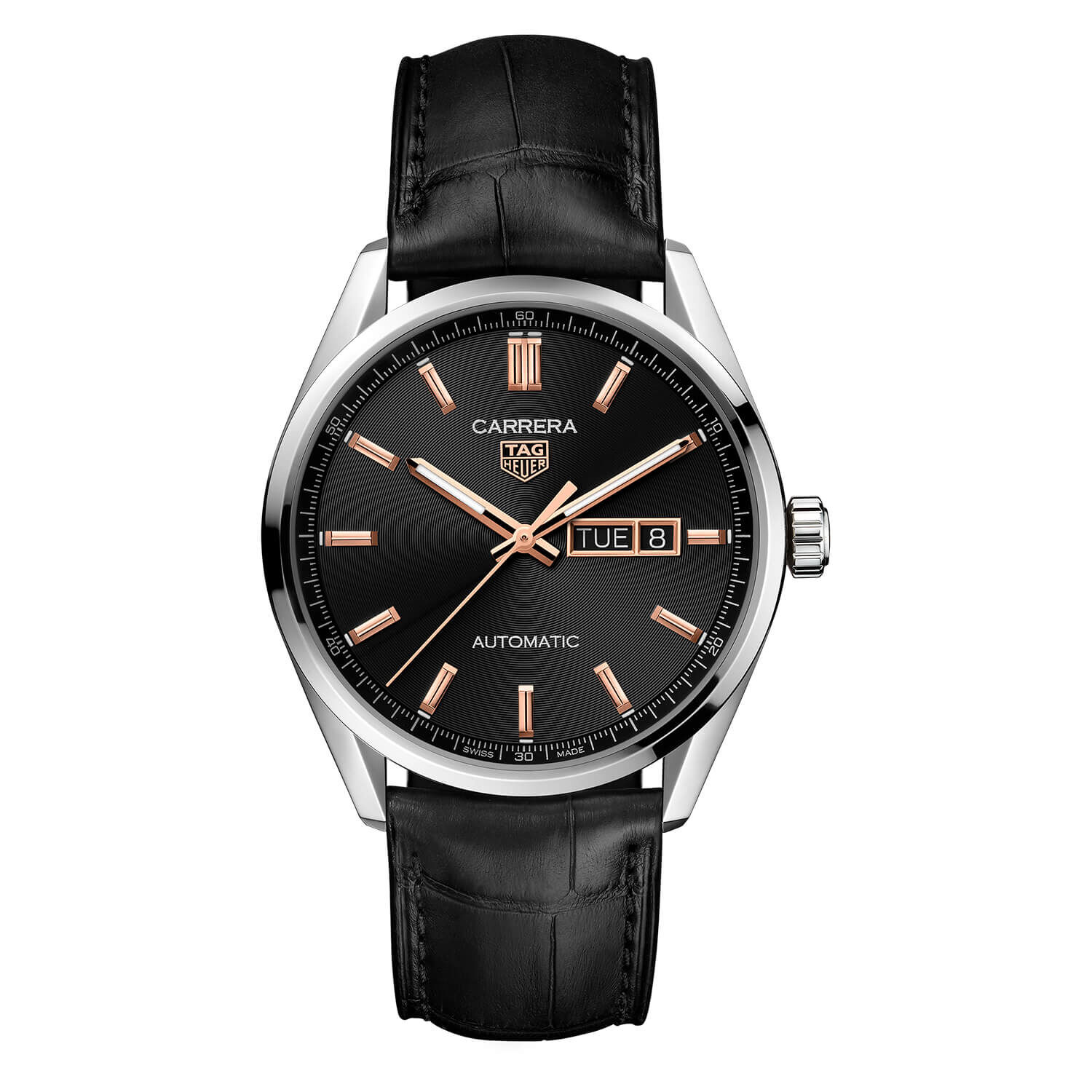 TAG Heuer Carrera Day Date 41mm Black Dial Black Strap Watch