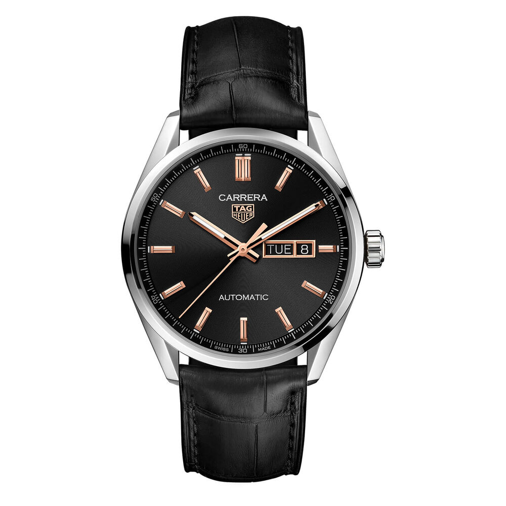 TAG Heuer Carrera Day-Date 41mm Automatic Black Dial Rose Gold Index Black Leather Strap Watch