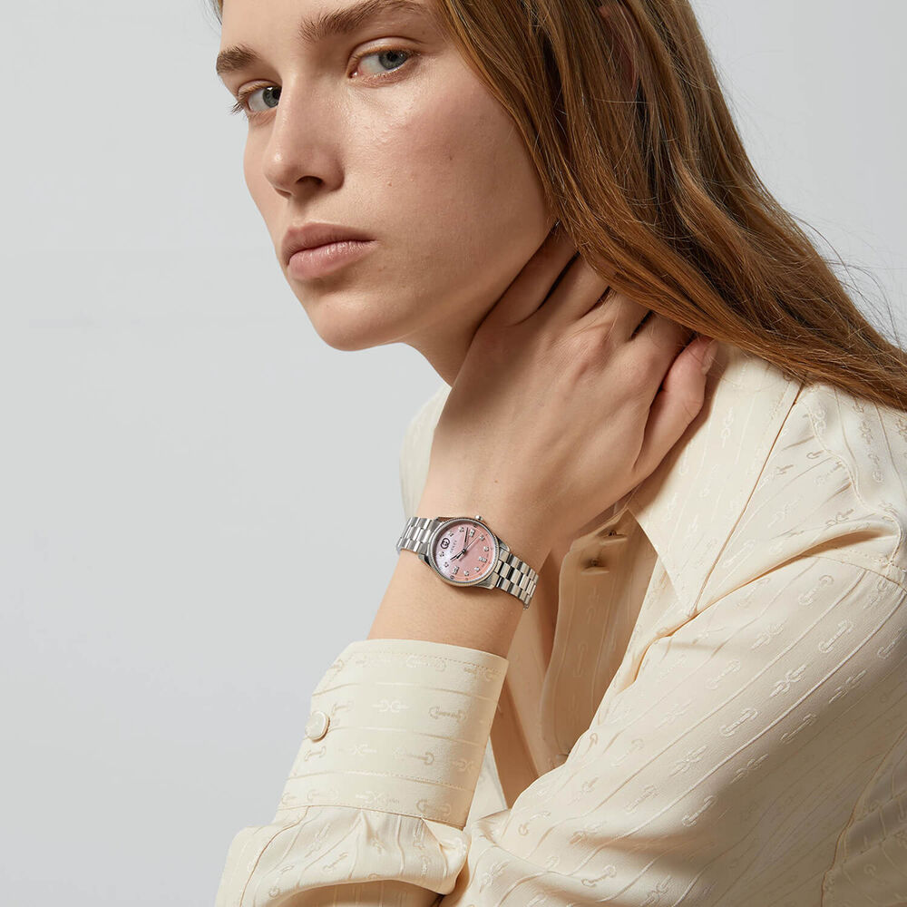 Gucci G-Timeless Quartz 29mm Pink MOP Dial Diamond Dots Steel Bracelet Watch