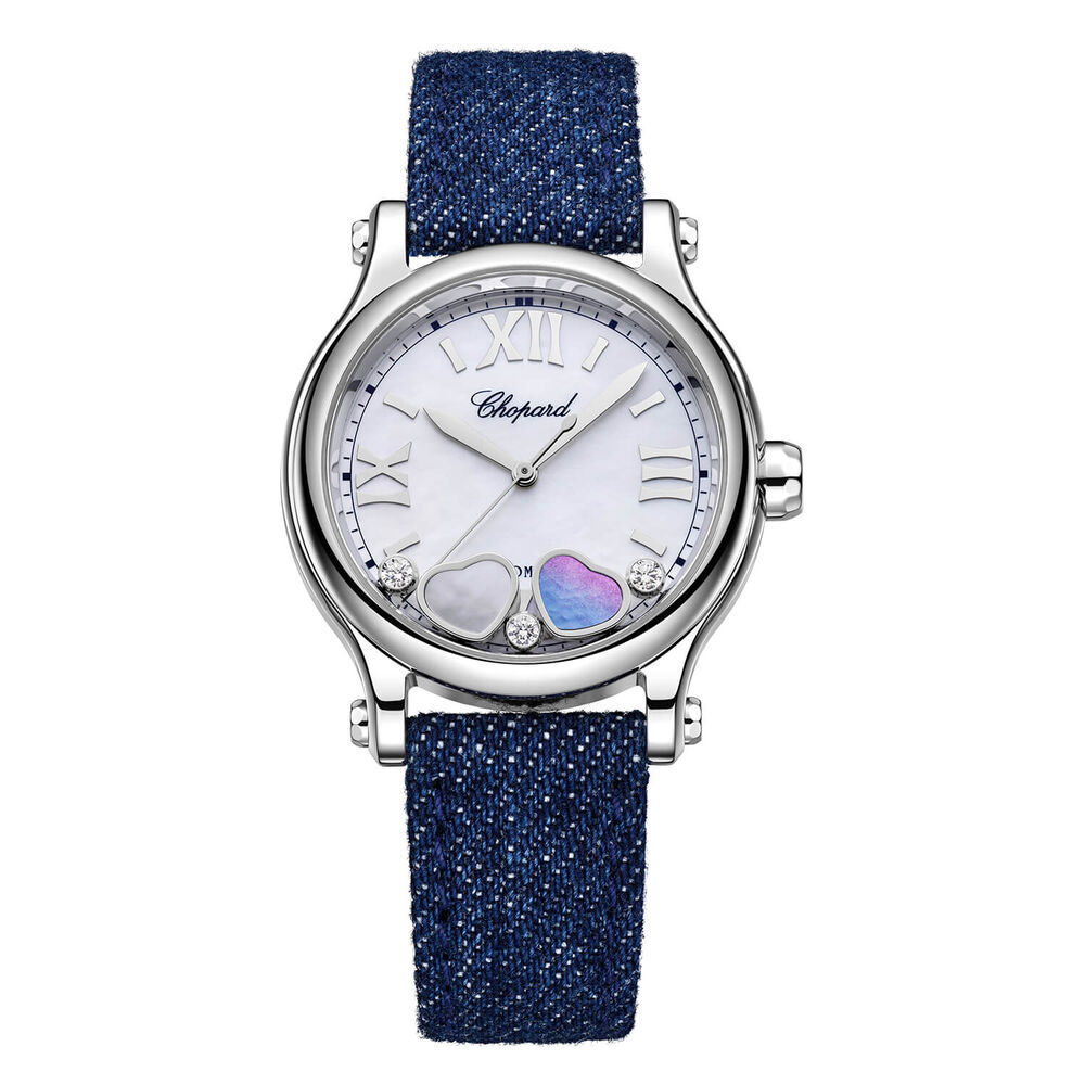Chopard Happy Heart 33mm Mother of Pearl Dial Blue Denim Strap Watch