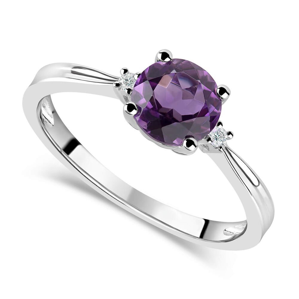 9ct White Gold Diamond and Amethyst Round Ring