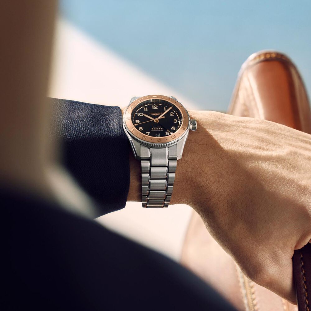 Longines Spirit Zulu Time 1925 39mm Black Dial 18kt Rose Gold Bezel Steel Bracelet Watch image number 10