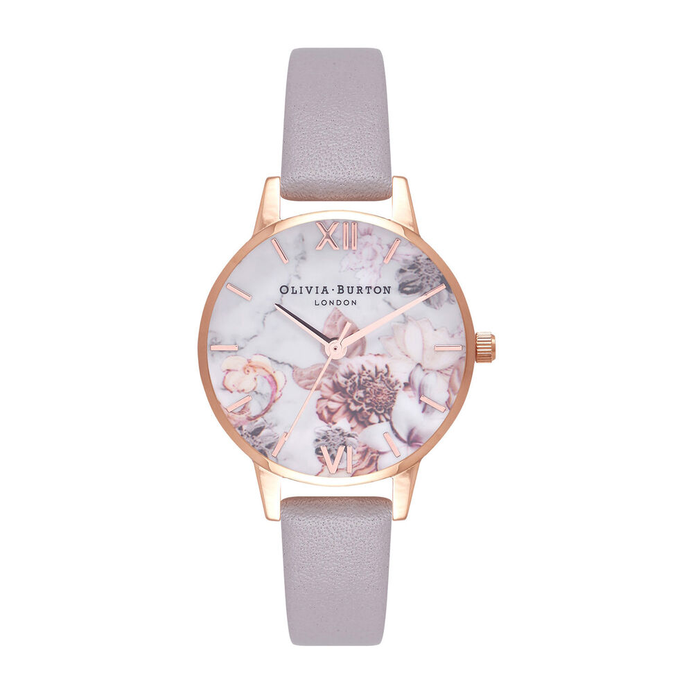 Olivia Burton Marble Florals & Grey-Lilac Leather Strap 34mm watch image number 0