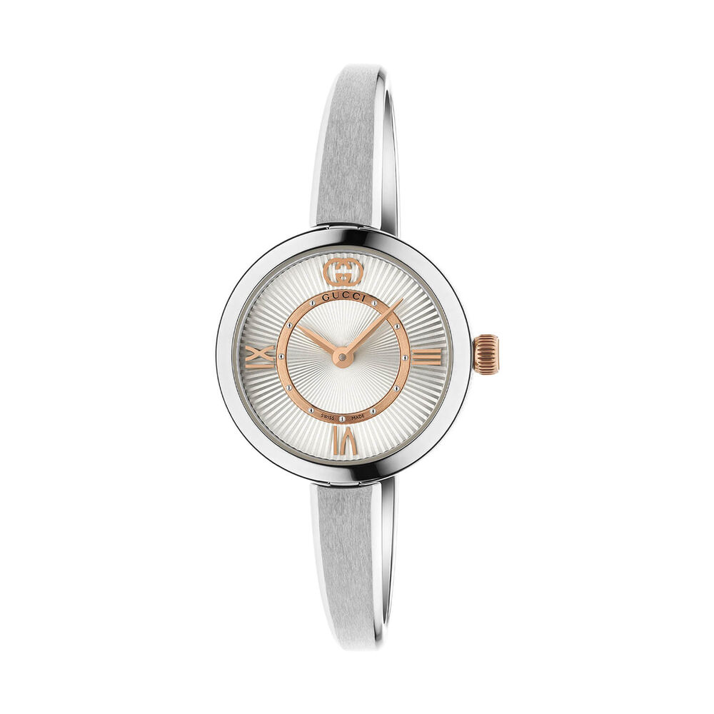 Gucci Model 2000 24mm Silver Dial Rose Gold Details Steel Bangle Watch