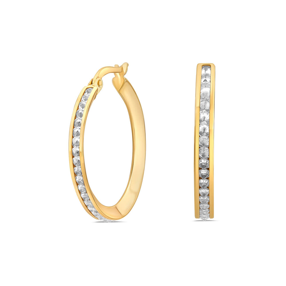 9ct Yellow Gold Large Double Sided Cubic Zirconia Hoop Earrings image number 0