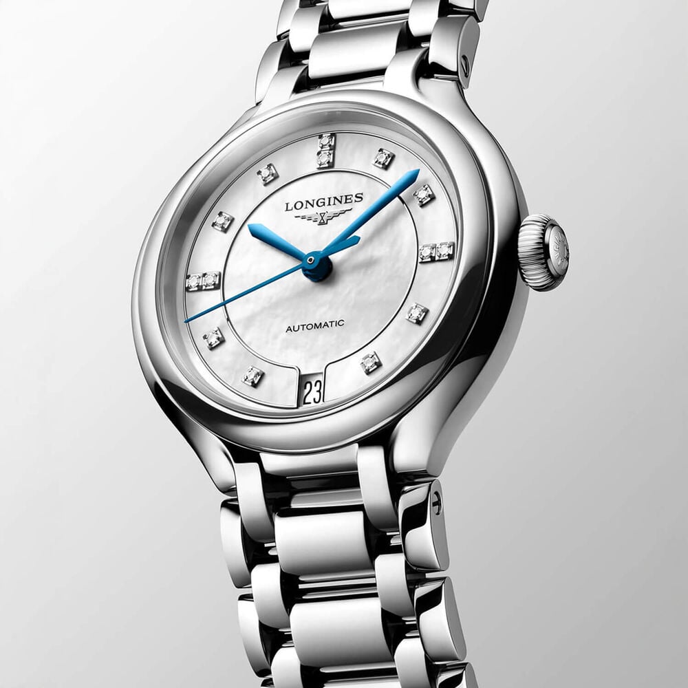 Longines Elegance Primaluna 34mm Mother of Pearl Dial Diamond Dots Steel Bracelet Watch image number 2