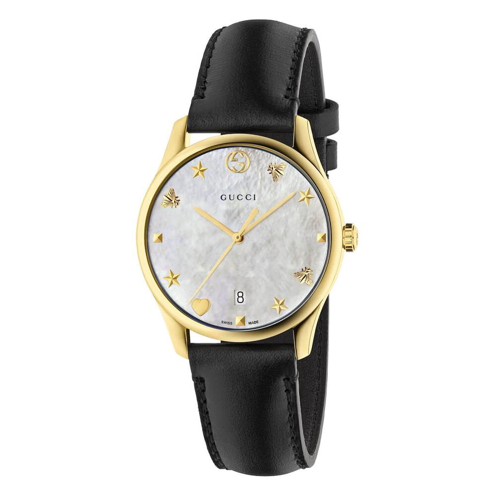 Gucci G-Timeless 36mm Pearlised Dial Yellow Gold PVD Case Black Strap Watch