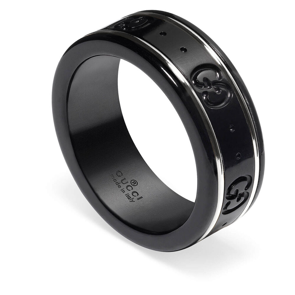 Gucci Icon 18ct White Gold Black Synthetic Corundum Thin Band Ring (UK Size M-N)