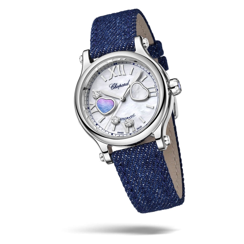 Chopard Happy Heart 33mm Mother of Pearl Dial Blue Denim Strap Watch