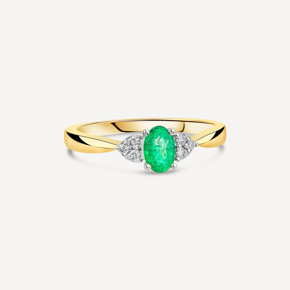 9ct Yellow Gold Oval Emerald & Trefoil 0.07ct Diamond Sides Ring image number 2