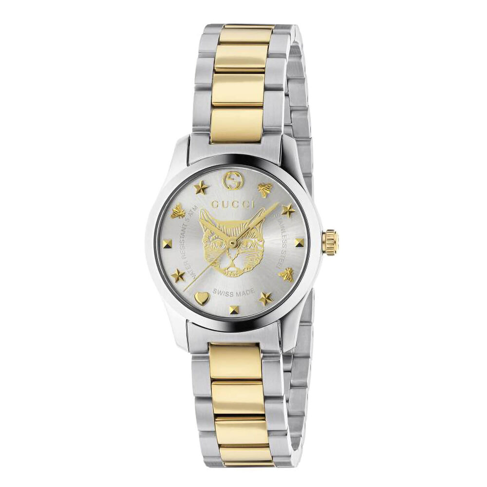 Gucci G-Timeless 27mm Feline Dial Two Tone Bracelet Ladies' Watch