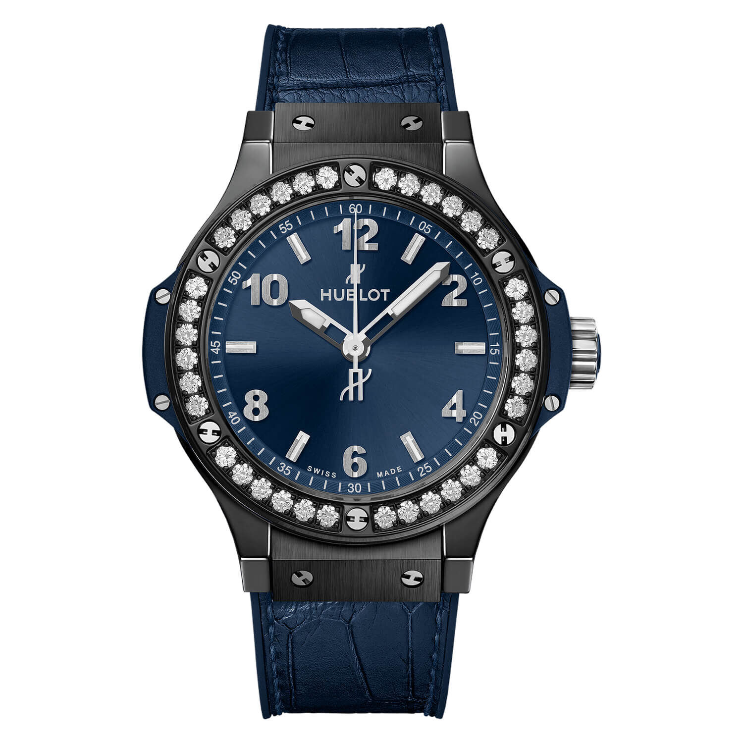 Pre Owned Hublot Big Bang 38mm Blue Dial Diamonds Bezel Leather Strap Watch