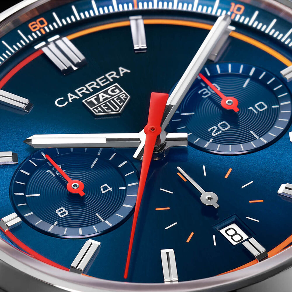 TAG Heuer Carrera Chronograph 42mm Blue Dial Red Details Leather Strap Watch image number 4