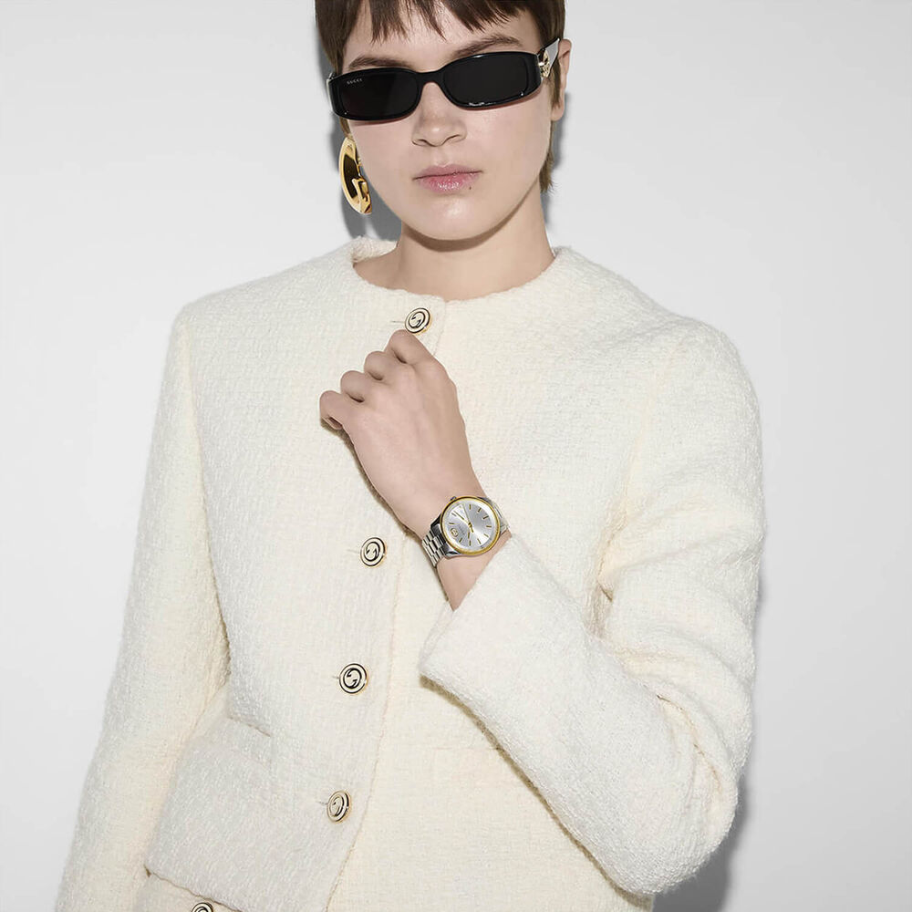Gucci G-Timeless 38mm Silver Dial Yellow Gold Plated Bezel Stainless Steel Bracelet Watch
