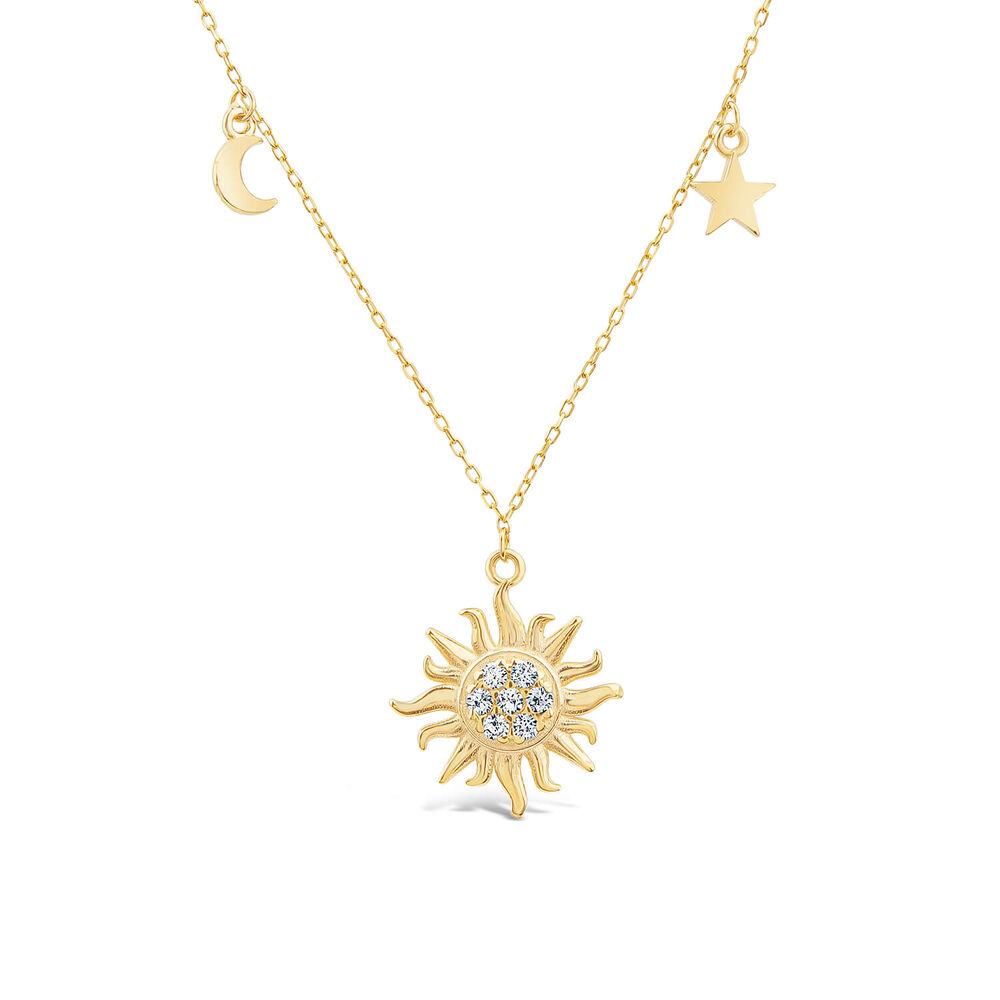 9ct Yellow Gold Cubic Zirconia Sun & Moon & Star Drop Pendant
