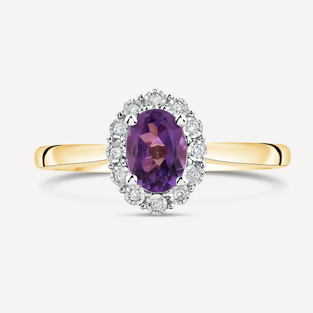 9ct Yellow Gold Oval Amethyst 0.05ct Cluster Diamond Ring image number 1