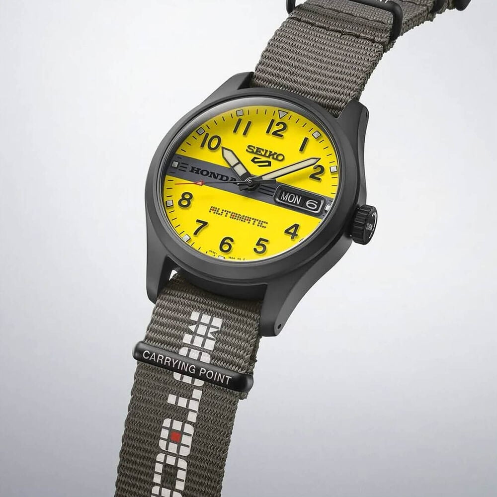 Seiko 5 Sports x Honda Motocompo Limited Edition 36.4mm Yellow Dial Black Nylon Strap Watch