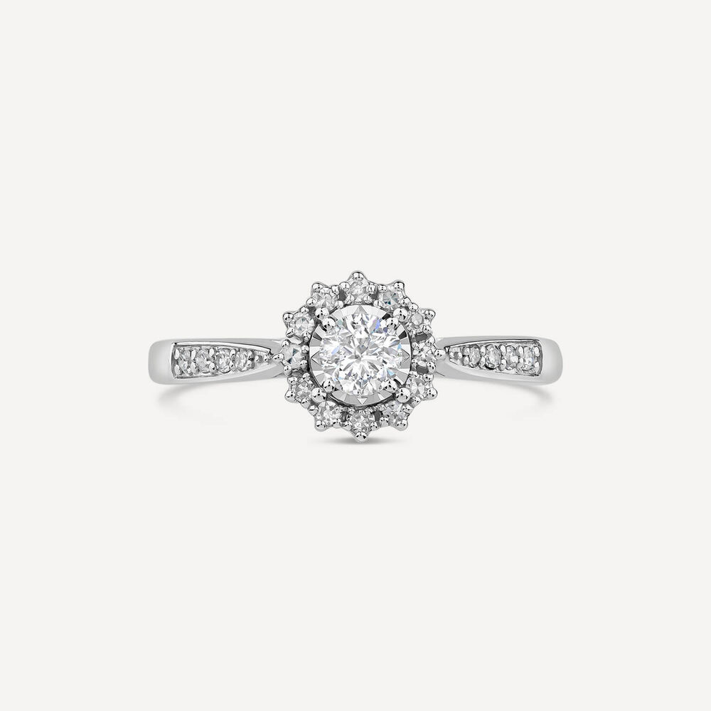18ct White Gold 0.35ct Illusion Diamond Halo Shoulders Ring image number 1