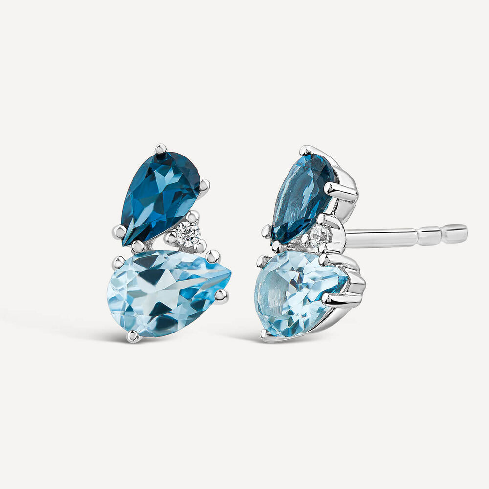 9ct White Gold Double Pear Blue Topaz & 0.015ct Diamond Set Stud Earrings