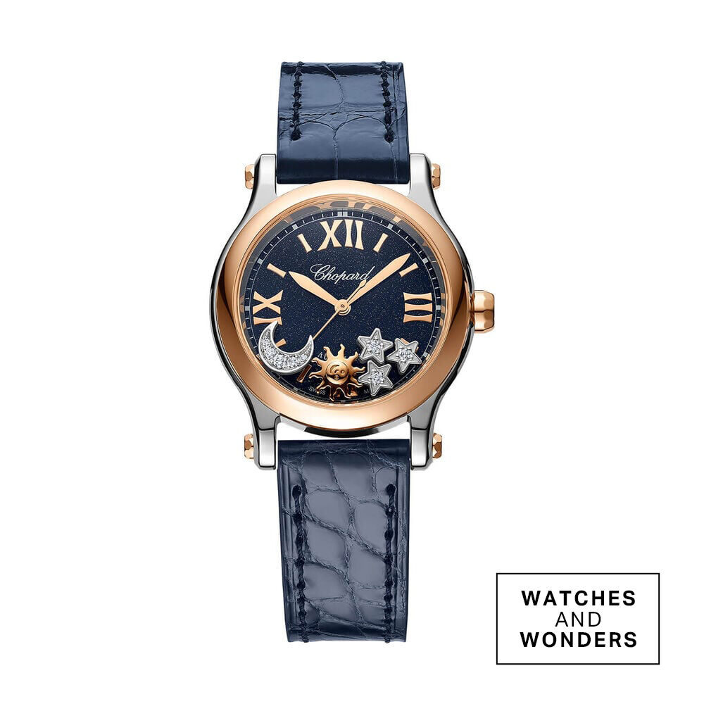 Chopard Happy Sport Sun, Moon and Stars 30mm Blue Dial 0.33ct Diamonds Leather Strap Watch