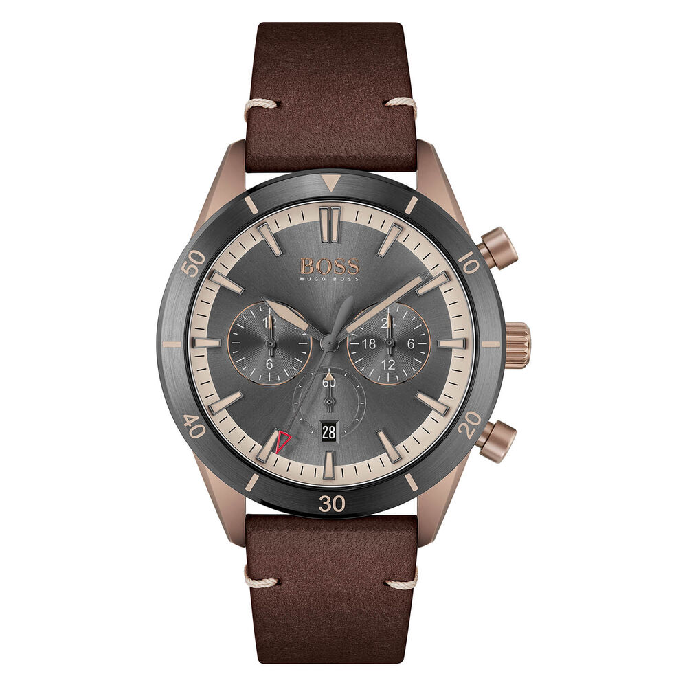 BOSS Santiago 44mm Gray Bronz IP Case Brown Strap Watch