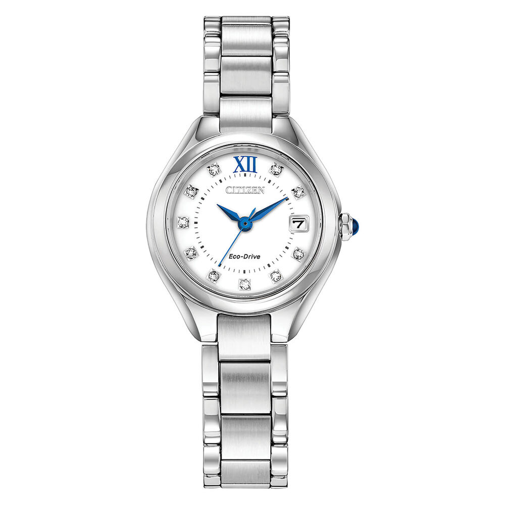 Citizen Eco Drive White Diamond Dot Dial Steel Case Bracelet Watch