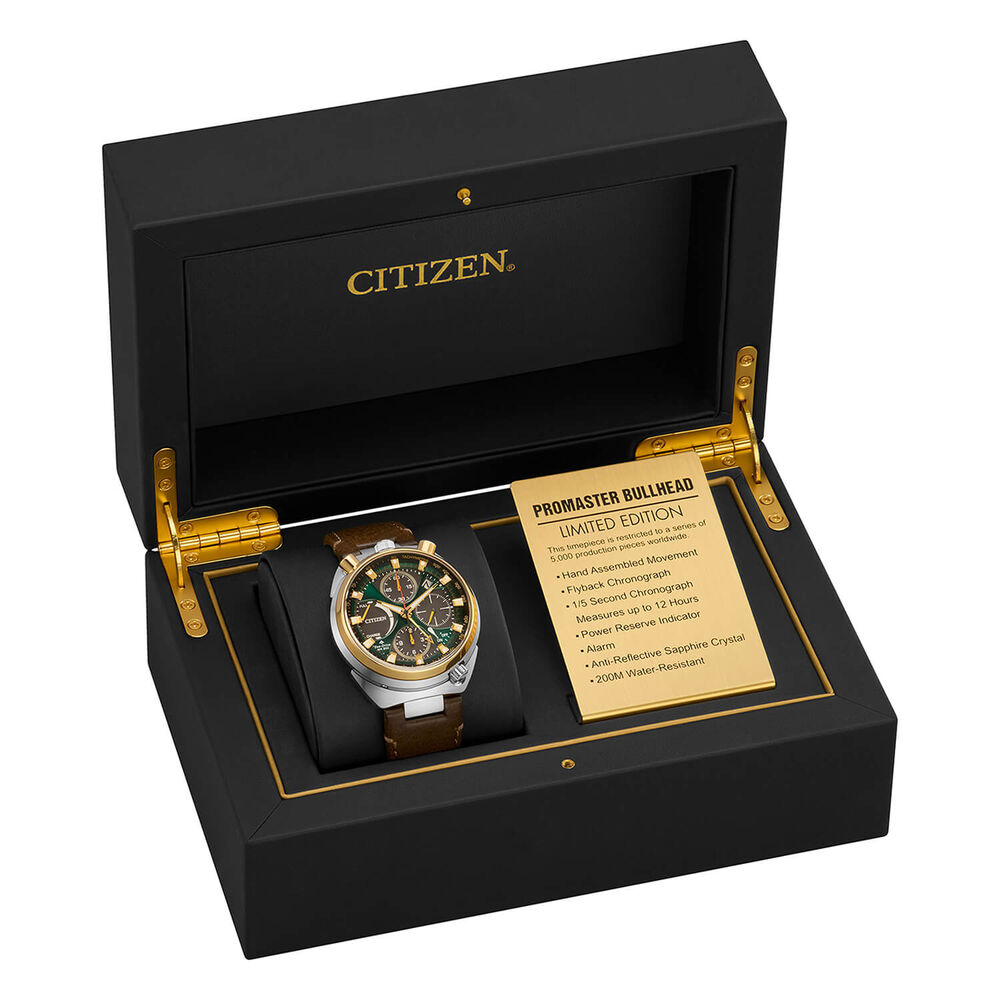 Citizen Promaster Bullhead Racing Chronograph 45mm Green Dial Brown Leather Strap Watch