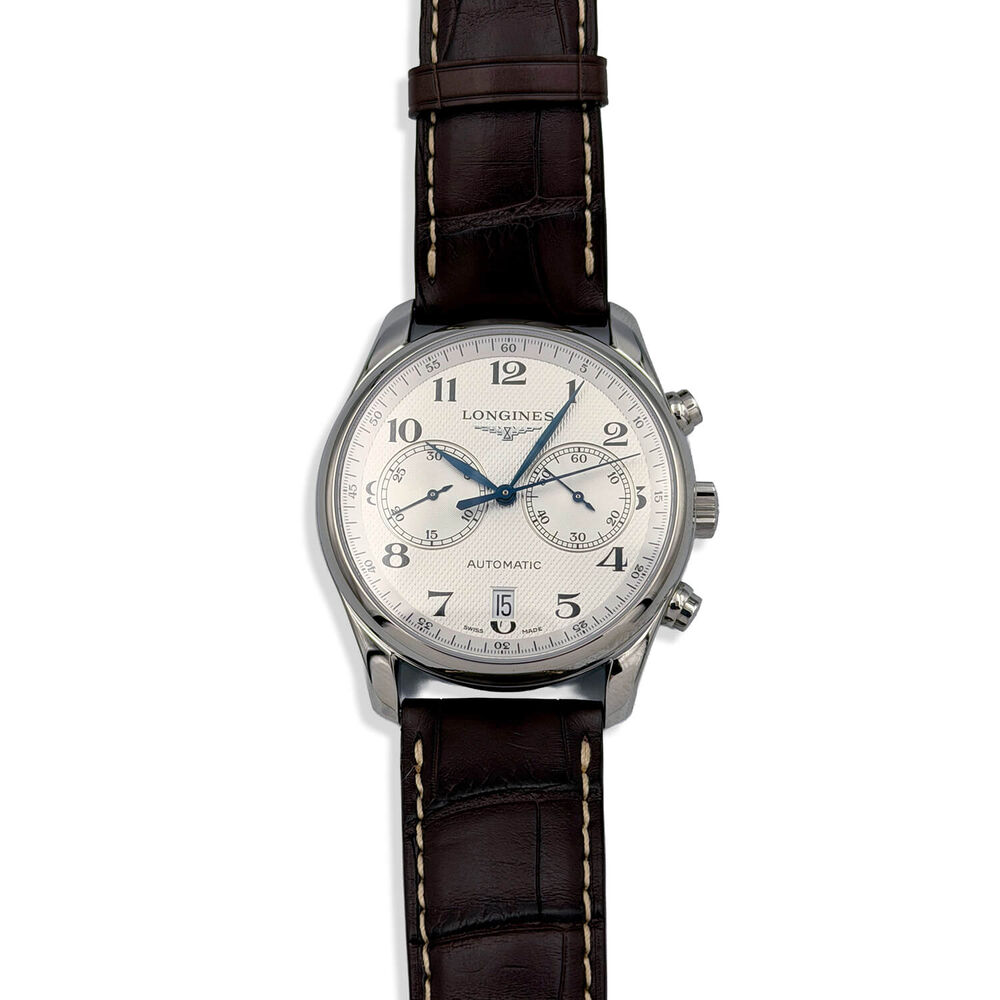 Pre-Owned Longines Master Collection Chronograph 40mm Silver Dial Brown Leather Strap Watch image number 0