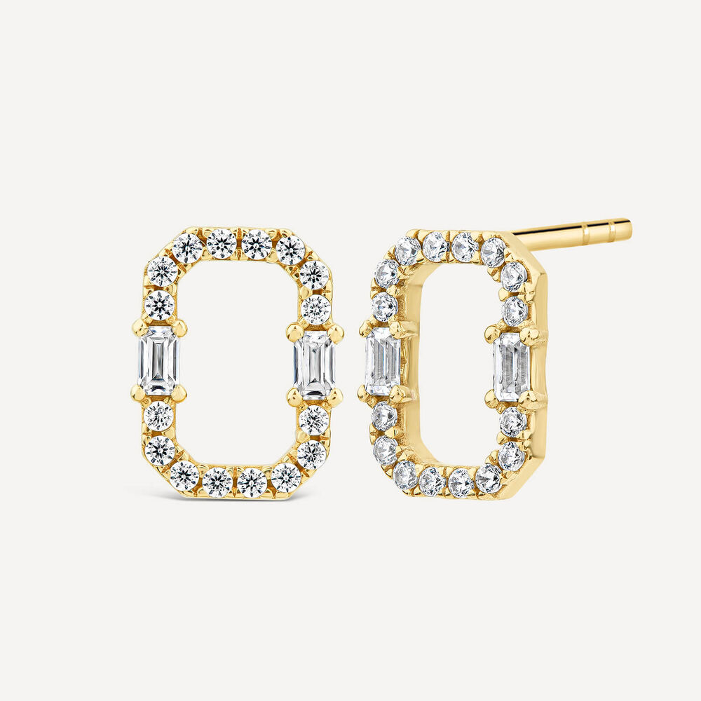 9ct Yellow Gold Open Rectangular Baguette & Round Cubic Zirconia Stud Earrings image number 1