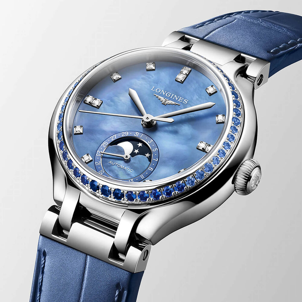 Longines Elegance Primaluna 34mm Blue MOP Dial Diamond Dot & Sapphire Bezel Leather Strap Watch image number 3