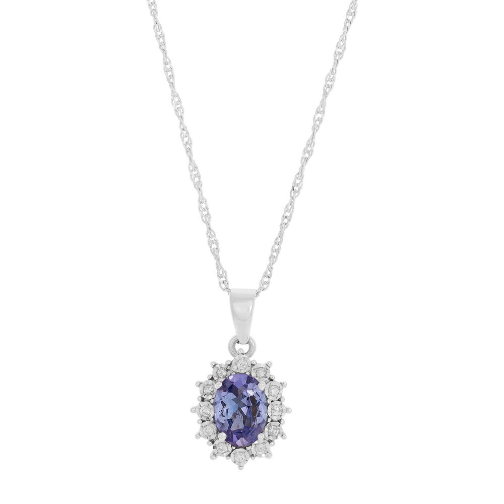 9ct white gold tanzanite and diamond cluster pendant image number 0