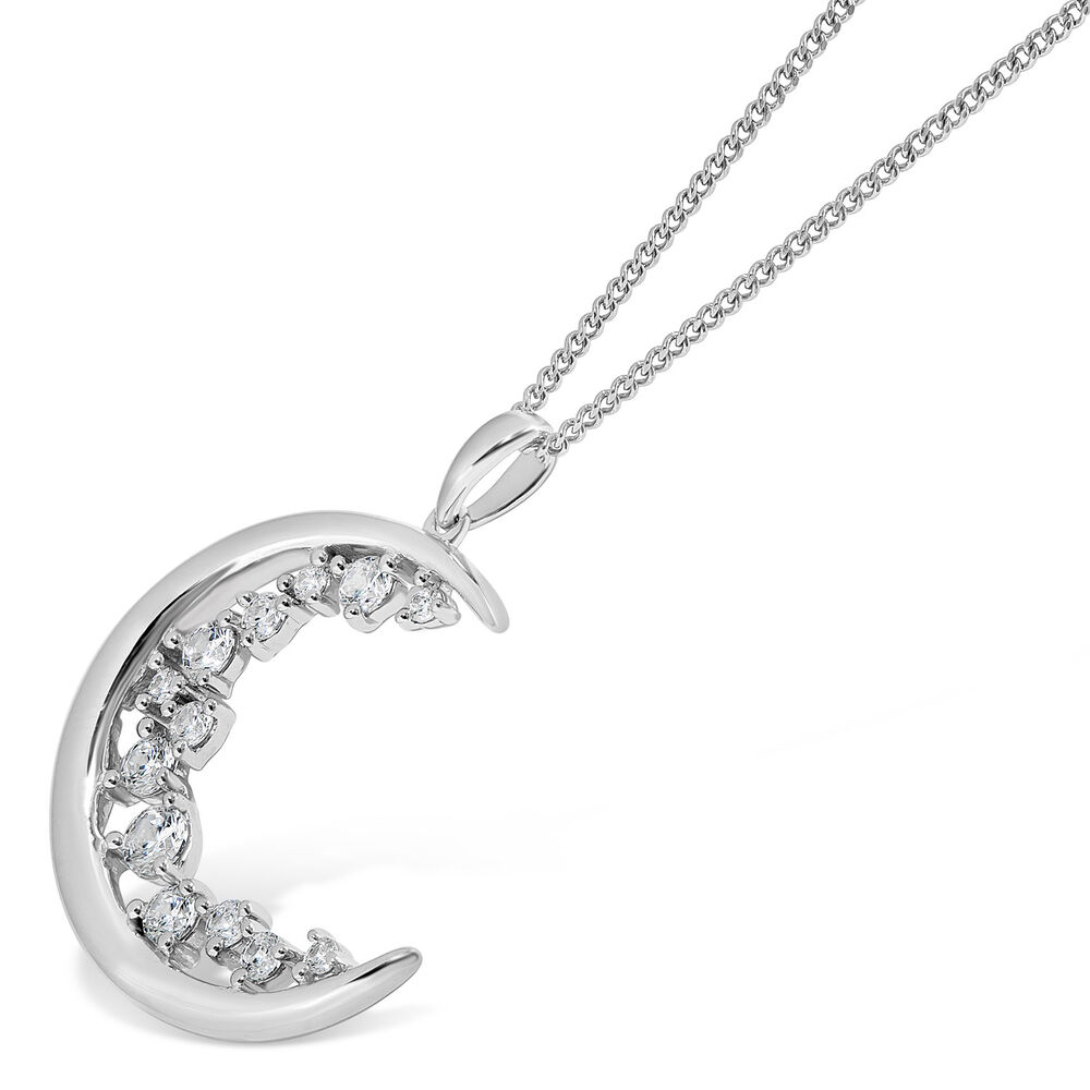 Silver Cubic Zirconia Crescent Pendant (Chain Included) image number 1