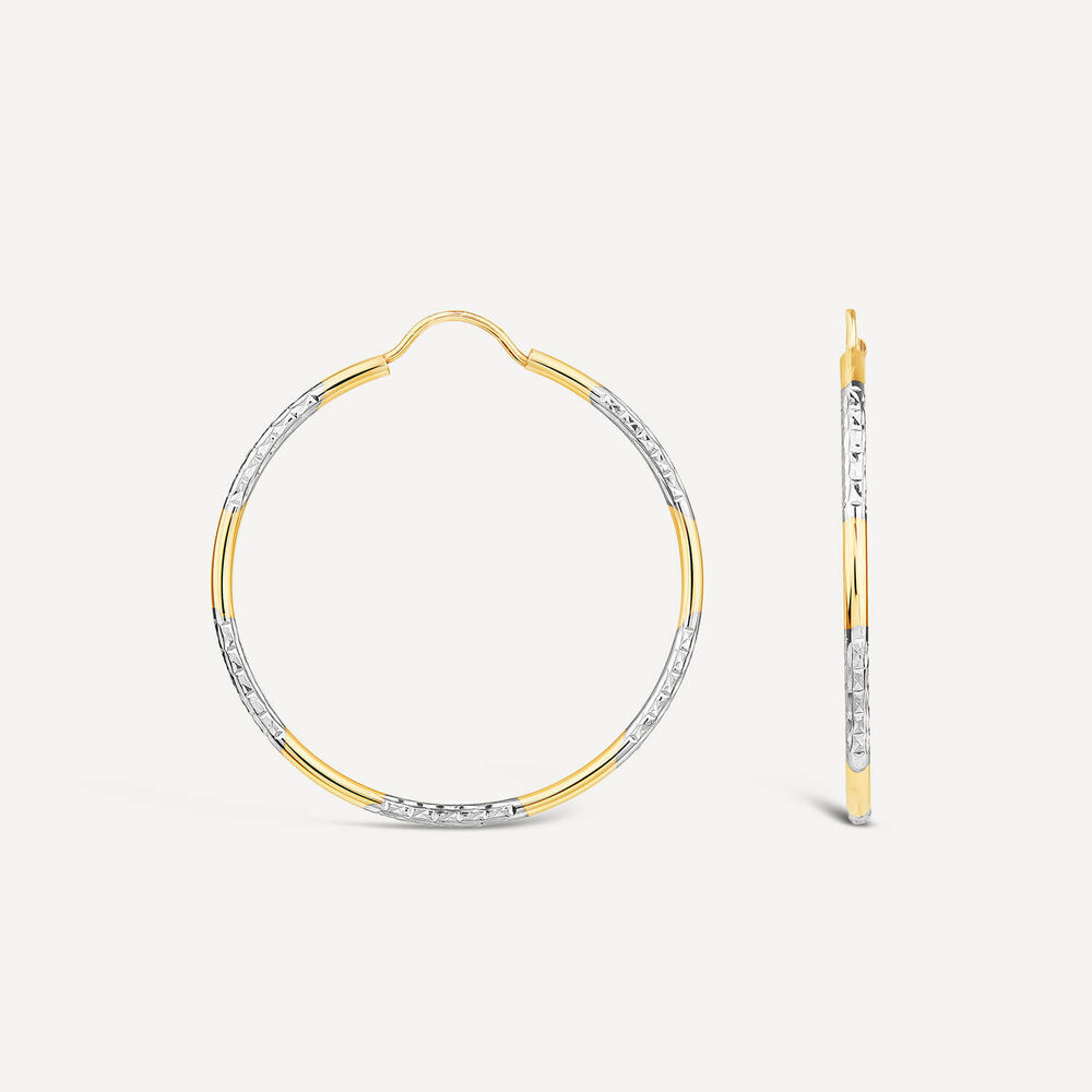 9ct Yellow & White Gold 30mm Diamond Cut & Polished Hoop Earrings image number 1