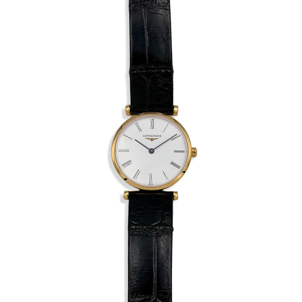 Pre-Owned Longines La Grande Classique 24mm White Dial Gold PVD Case Black Leather Strap Watch
