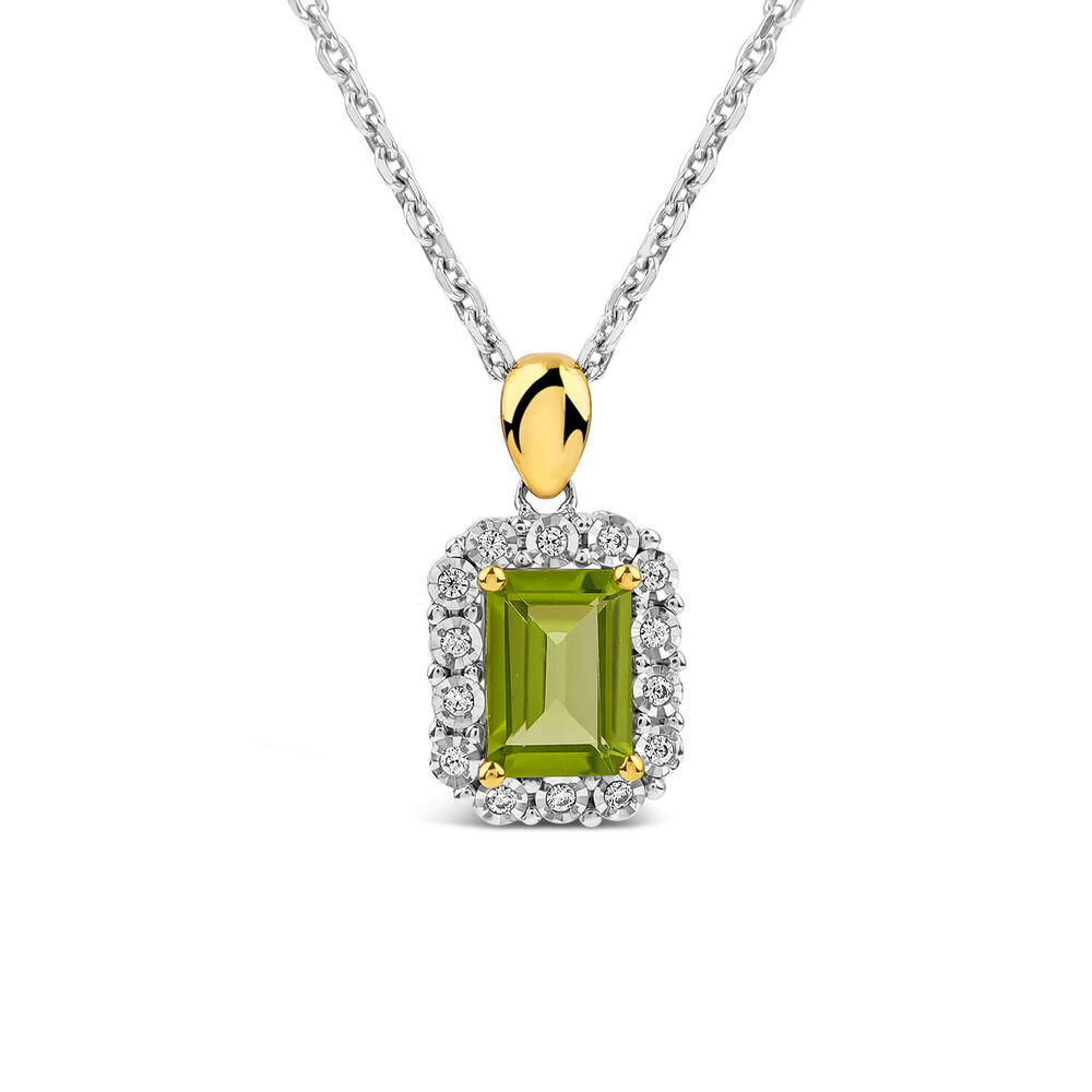 9ct Yellow Gold Rectangular Peridot 0.06ct Diamond Halo Pendant