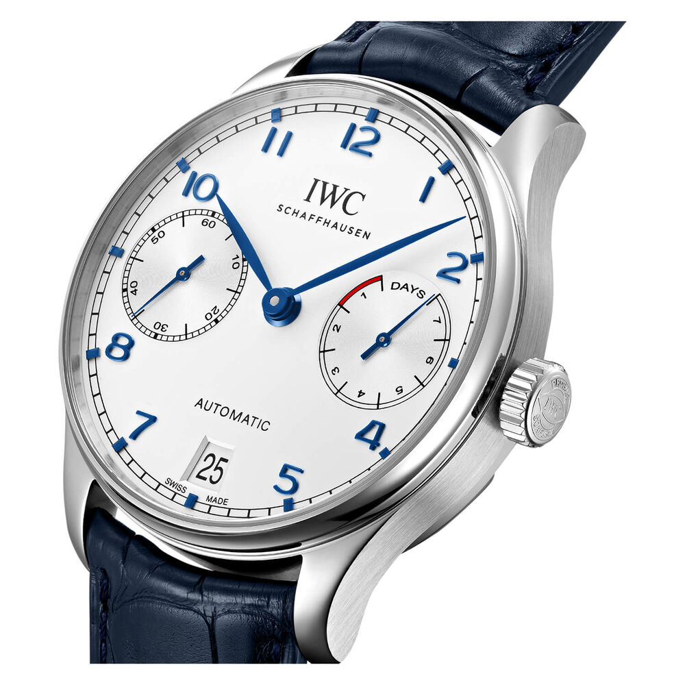 IWC Schaffhausen Portugieser Automatic Silver Dial Blue Strap Watch image number 1