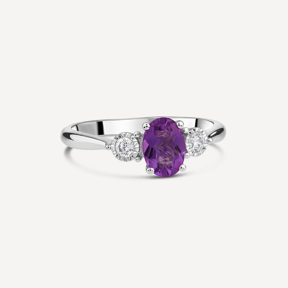 9ct White Gold Oval Amethyst 0.12ct Diamond Sides Ring image number 2