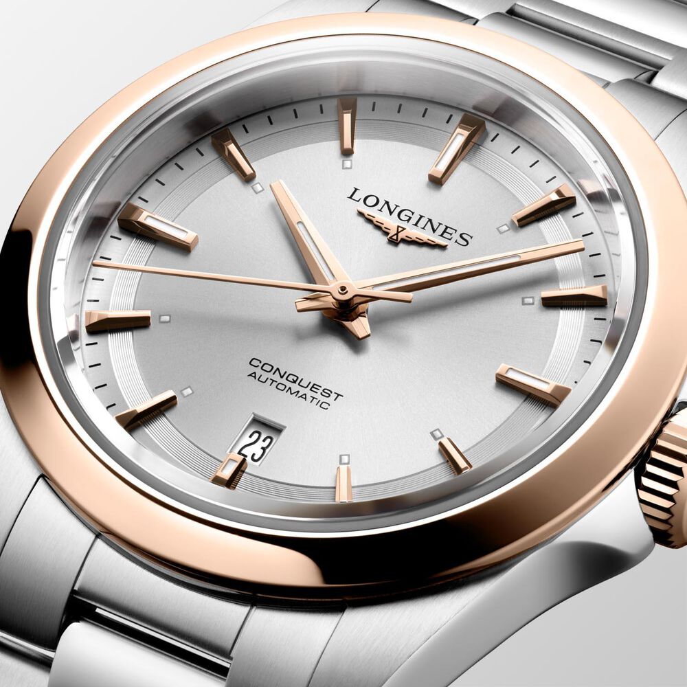 Longines Conquest 30mm Silver Dial 18ct Rose Gold Bezel Steel Bracelet Watch image number 3