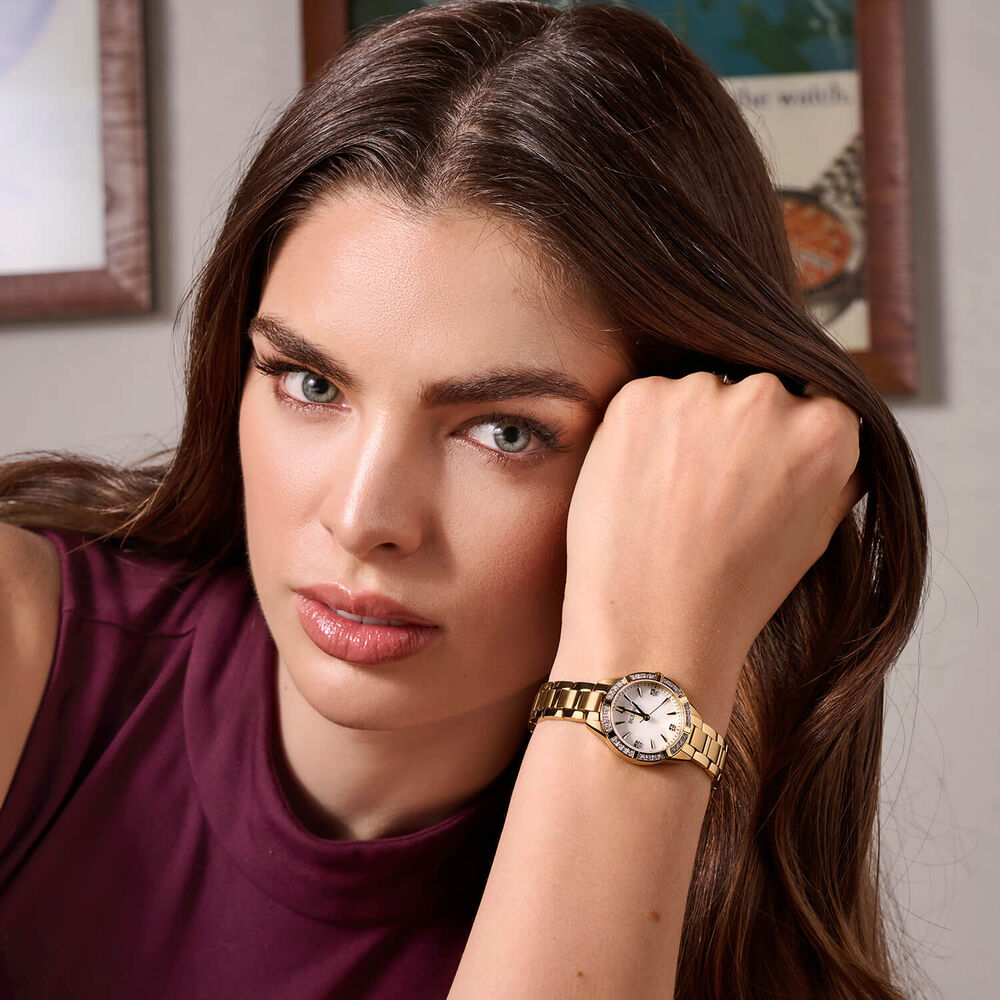 Bulova Sutton 28mm Mother of Pearl Dial Diamond Dots Gold Tone Steel Bracelet Watch image number 4