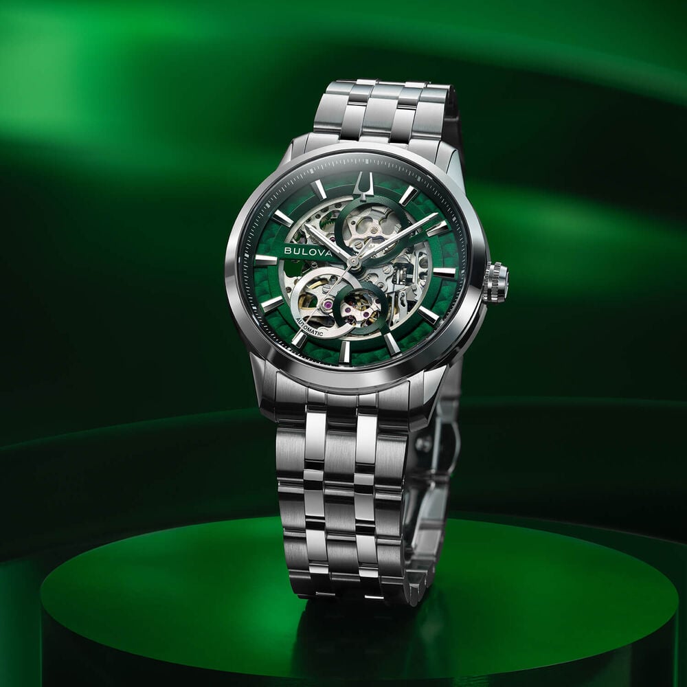 Bulova Sutton Automatic 43mm Green Skeleton Dial Steel Bracelet Watch image number 4