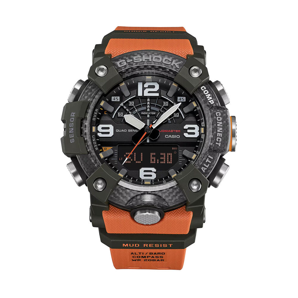 G-SHOCK Master of G Mudmaster 55.4mm Carbon Fibre Bezel & Orange Resin Strap Watch