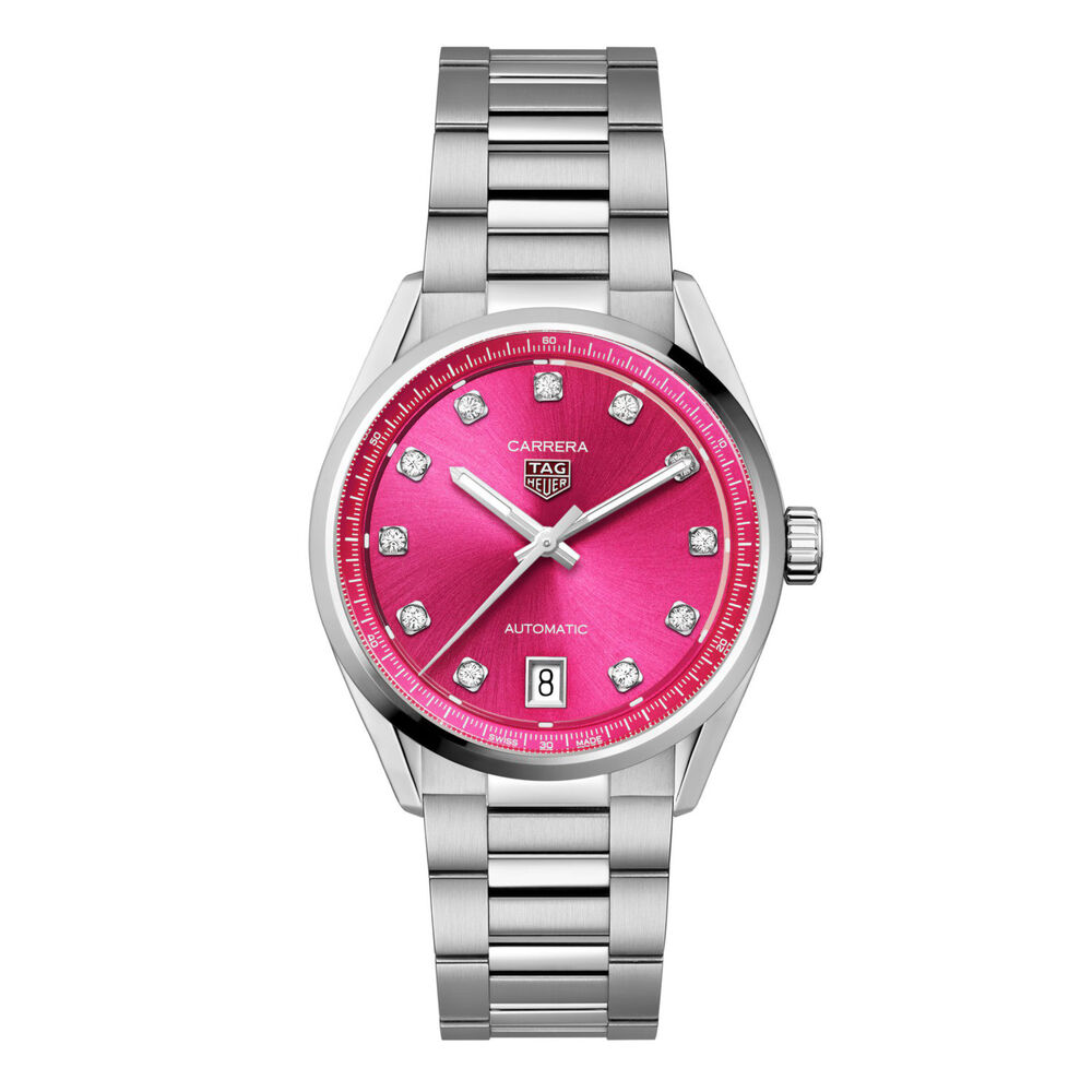 TAG Heuer Carrera Date 36mm Pink Dial Diamond Dots Steel Bracelet Watch image number 0