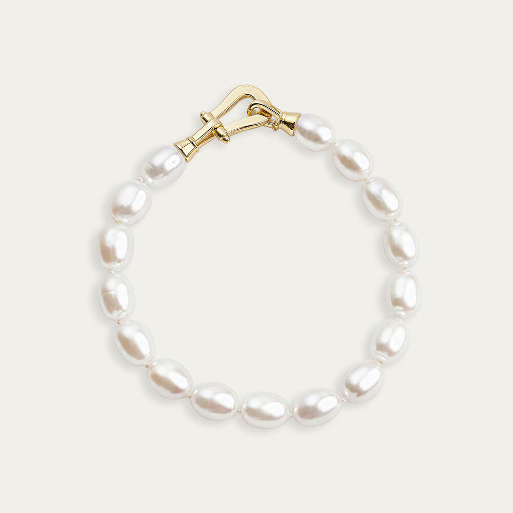 Sterling Silver Oval Freshwater Pearl Yellow Gold Plated Stirrup Clasp Bracelet