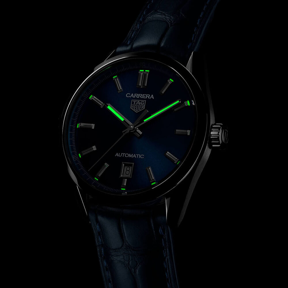 TAG Heuer Carrera Date Automatic 39mm Blue Dial Steel Case Blue Alligator Strap Watch image number 5