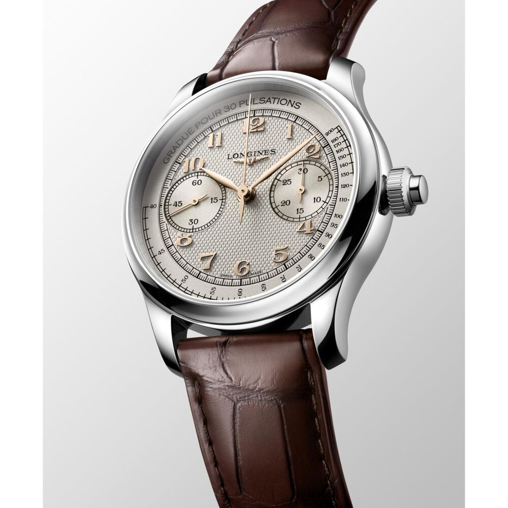 Longines Master Collection Chrono Moonphase 41mm Silver Barleycorn Dial Leather Strap Watch