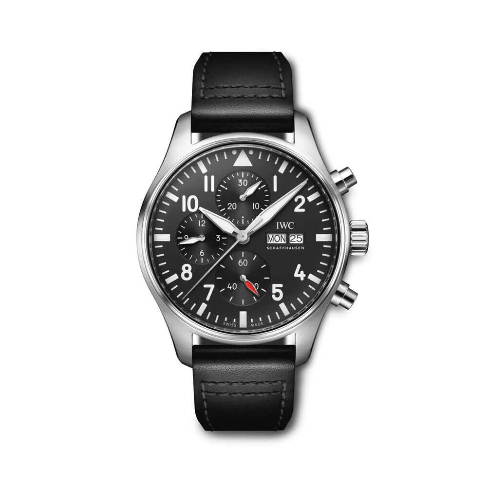 IWC Schaffhausen Pilot's Chronograph Black Dial Black Strap Watch image number 0