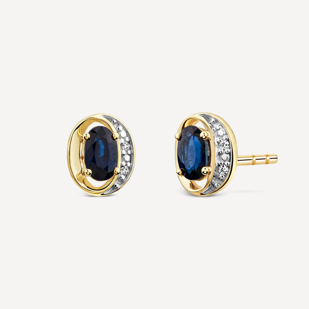 9ct Yellow Gold Oval Sapphire & Diamond Sides Curve Shaped Stud Earrings image number 1