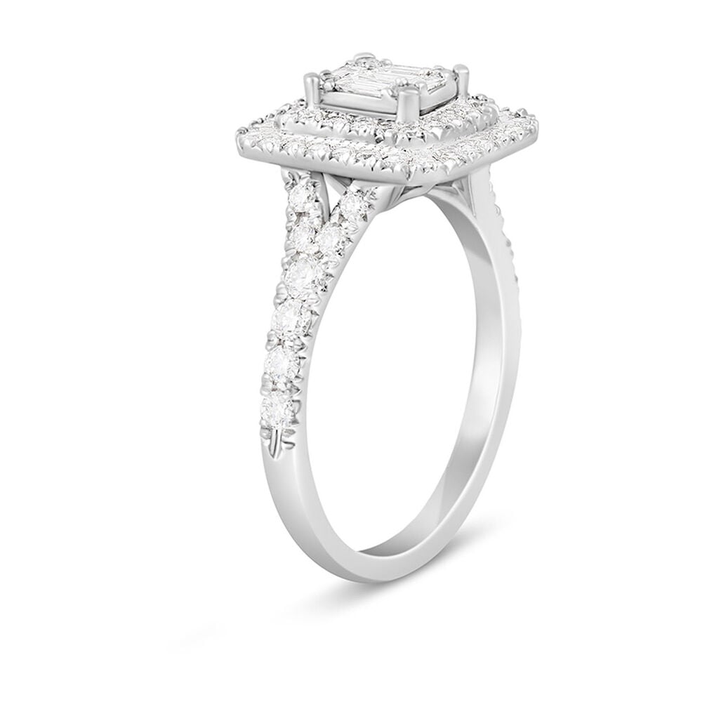 18ct White Gold 1.00 Carat Baguette and Round Brilliant Diamond Halo Cluster Ring image number 4