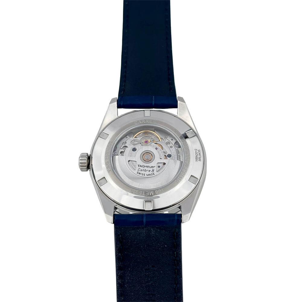 Pre-Owned TAG Heuer Carrera Day-Date 41mm Blue Dial Steel Case Blue Leather Strap Watch image number 2