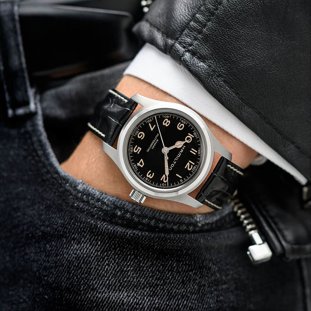 Hamilton Khaki Field Murph Auto 42mm Black Dial Leather Strap & Steel Bracelet Bundle Watch image number 6
